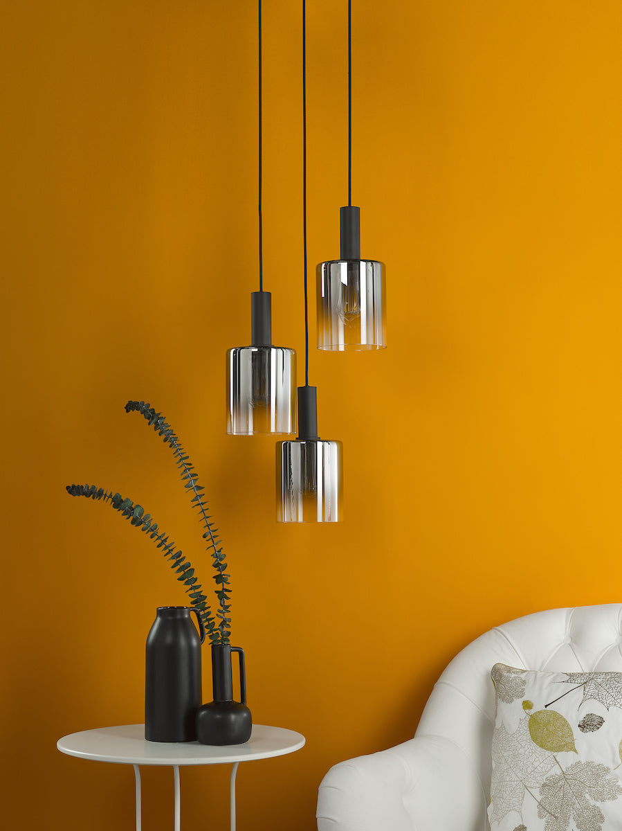 Freyza - Dar Savannah 3 Light Cluster Pendant Matt Black and Smoked Glass