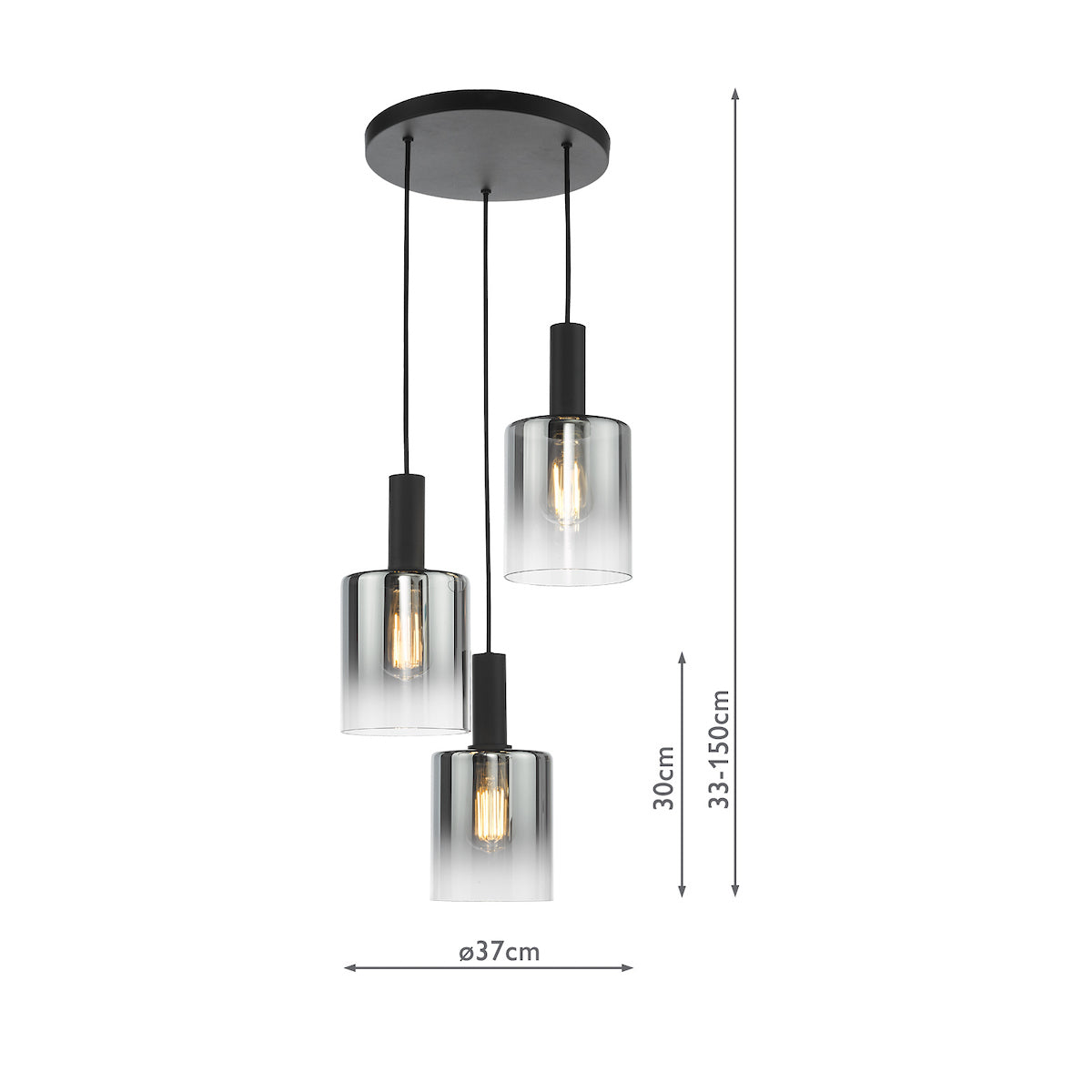 Freyza - Dar Savannah 3 Light Cluster Pendant Matt Black and Smoked Glass