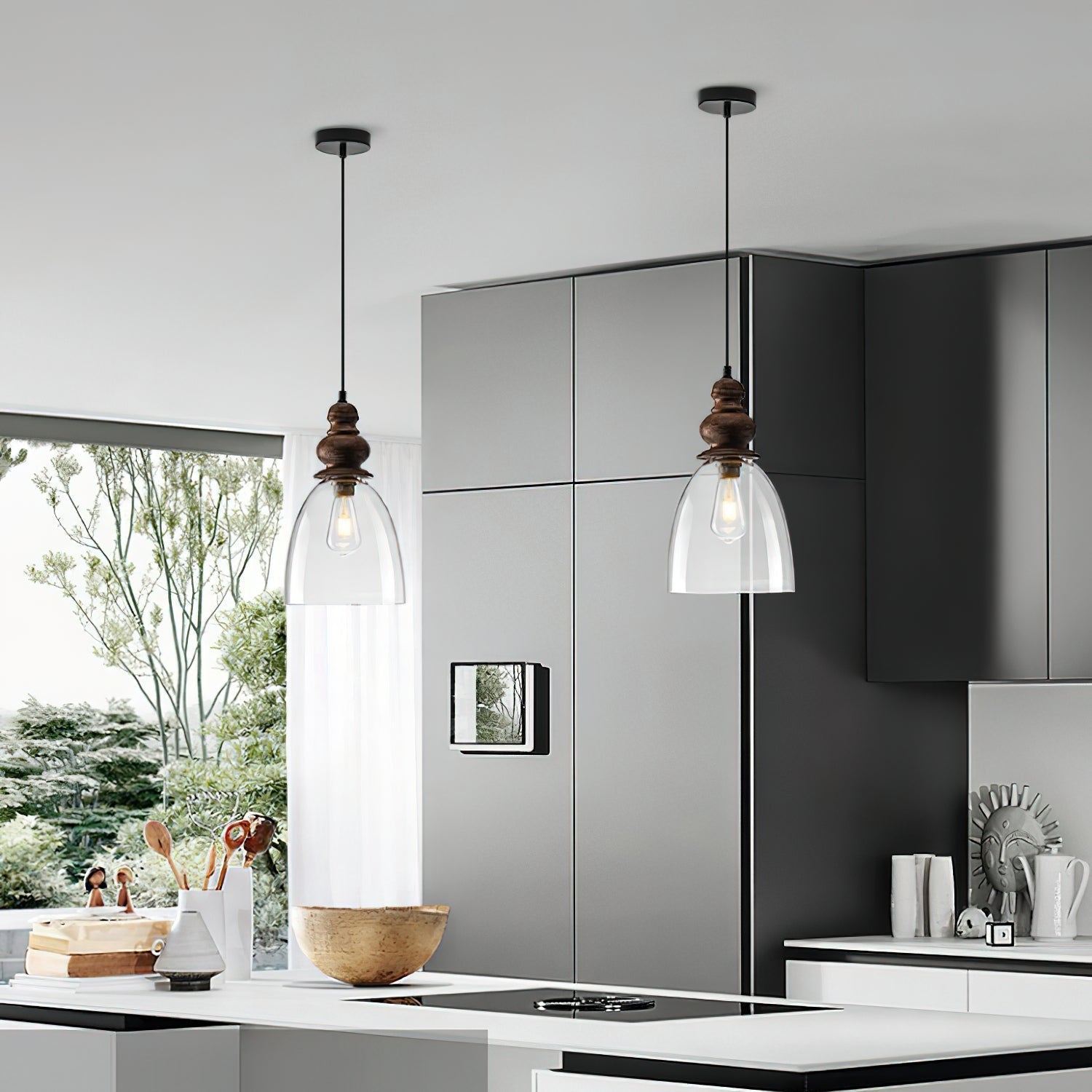 Freyza | Inert Wooden Glass Glass Wood Pendant Light – Kitchen Dining Room