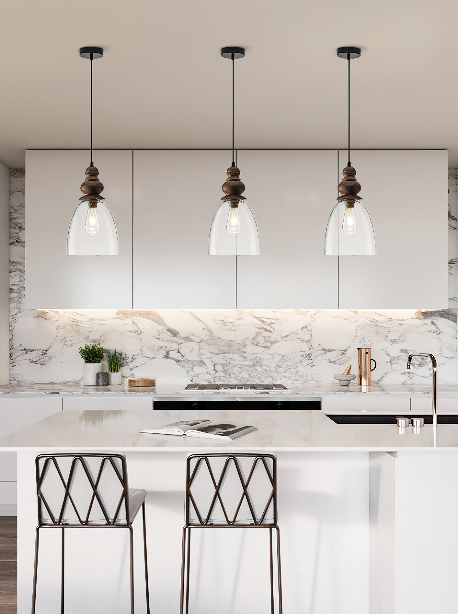 Freyza | Inert Wooden Glass Glass Wood Pendant Light – Kitchen Dining Room