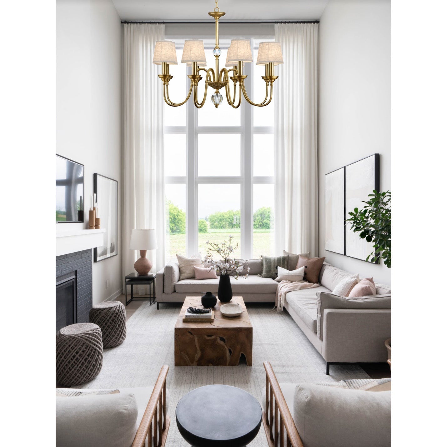 Freyza | Verschwommene postmoderne luxuriöse Messing-Stoffleuchte – modernes Esszimmer, Wohnzimmer