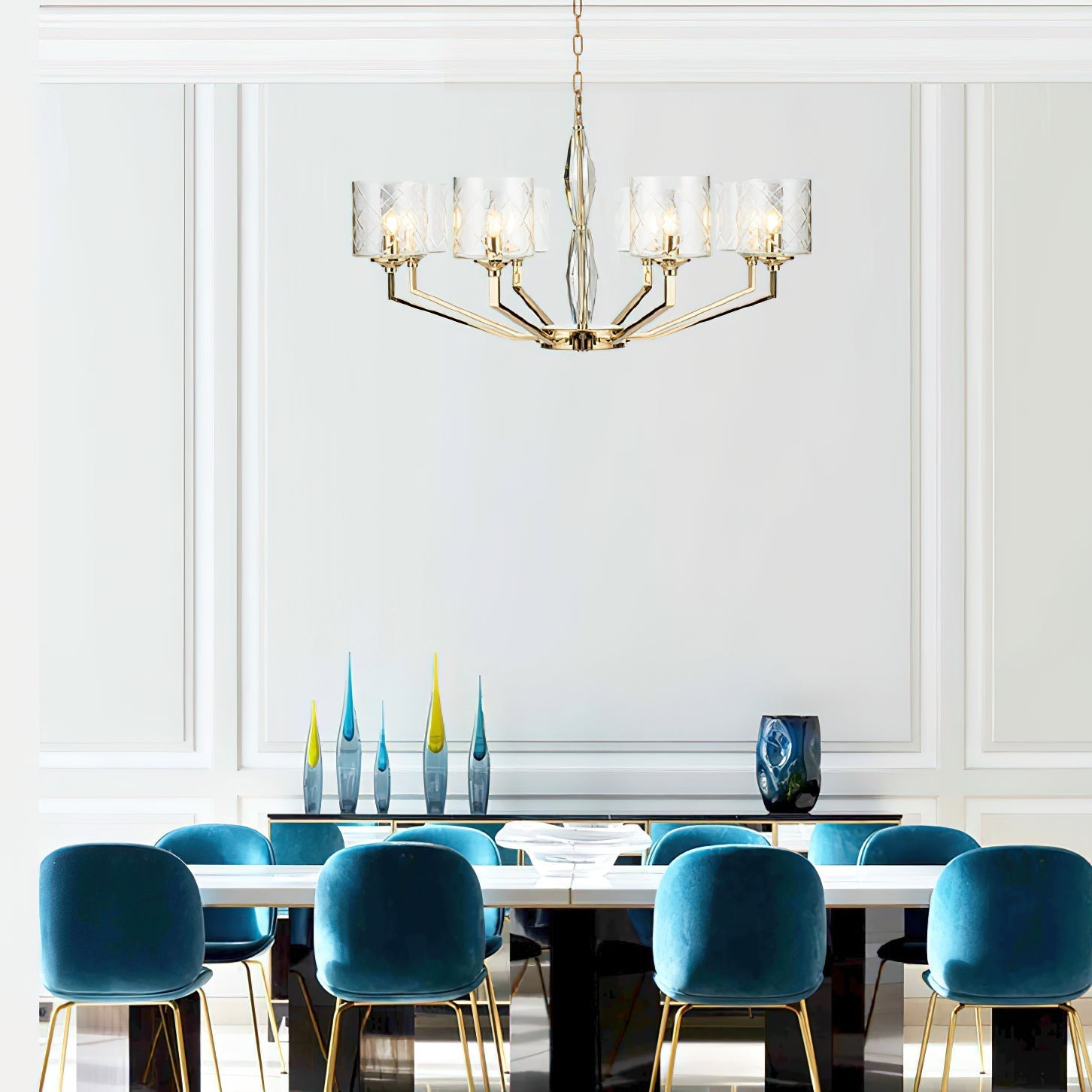 Freyza | Lustre postmoderne de luxe en laiton et verre Dew – Salle à manger et salon modernes