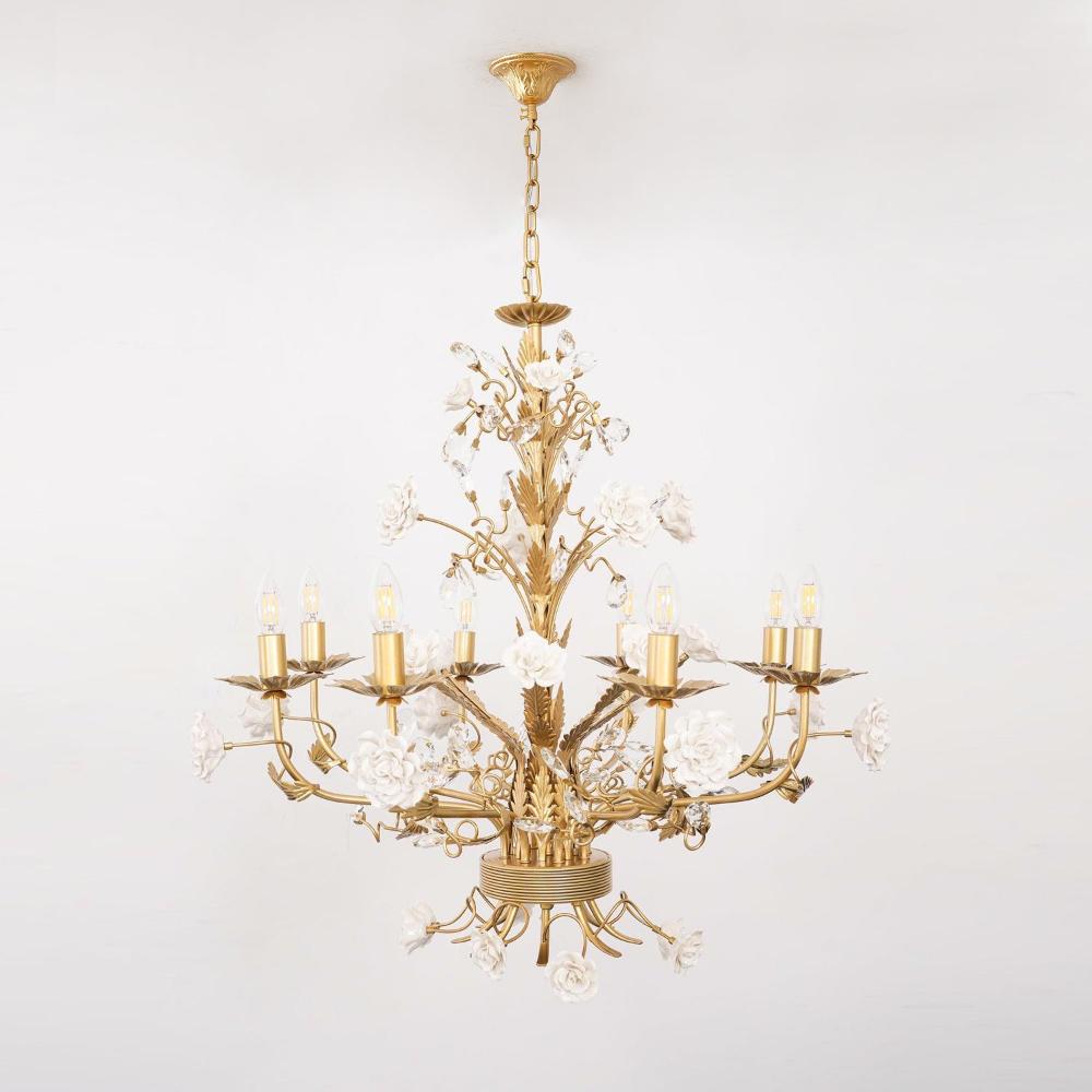 Freyza - Elegant Crystal Chandelier | Gold Finish with Ceramic Flowers | Luxurious Lighting for Dining Room Decor