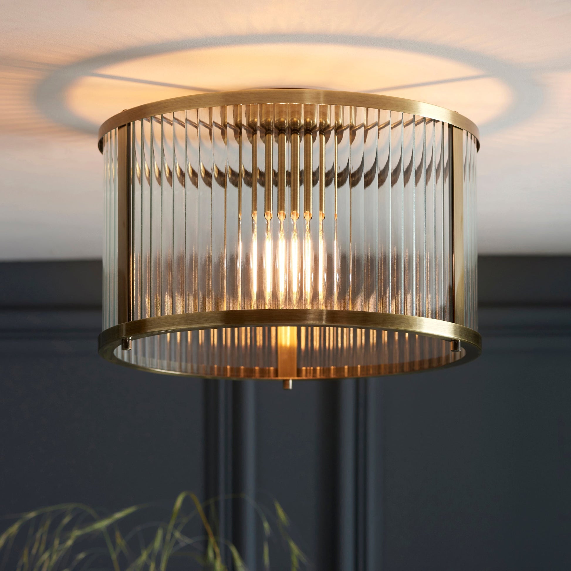 Elegant Flush Mount Ceiling Light Fixture with Antique Brass Finish & Ribbed Glass Shades for Timeless Home Decor 0