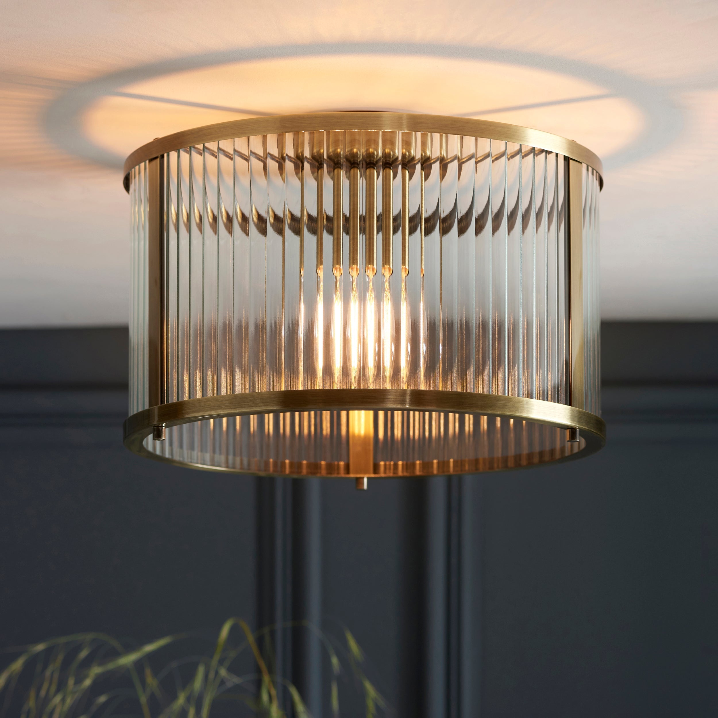 Elegant Flush Mount Ceiling Light Fixture with Antique Brass Finish & Ribbed Glass Shades for Timeless Home Decor 0