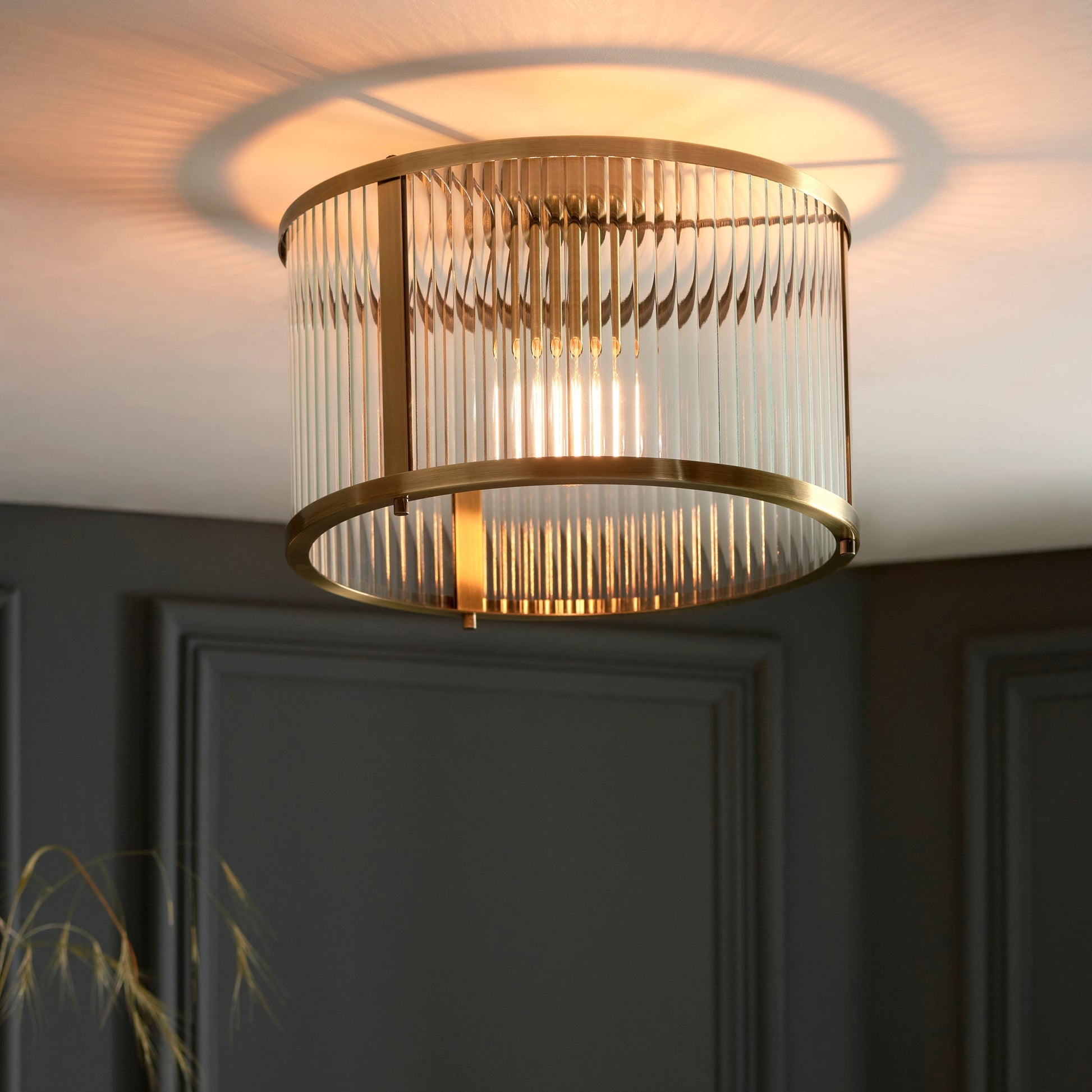Elegant Flush Mount Ceiling Light Fixture with Antique Brass Finish & Ribbed Glass Shades for Timeless Home Decor 2