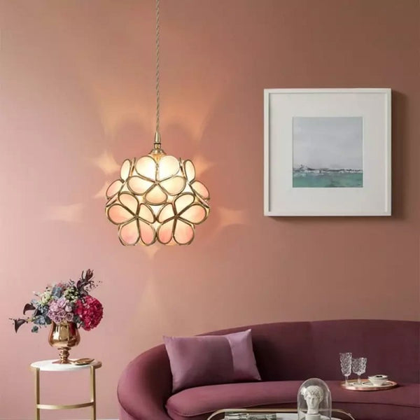 Elegant Glass Pendant Light with Vintage Brass Frame | Unique Flower Design for Stylish Interiors 5