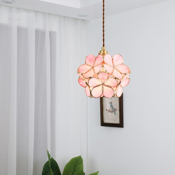 Elegant Glass Pendant Light with Vintage Brass Frame | Unique Flower Design for Stylish Interiors 7
