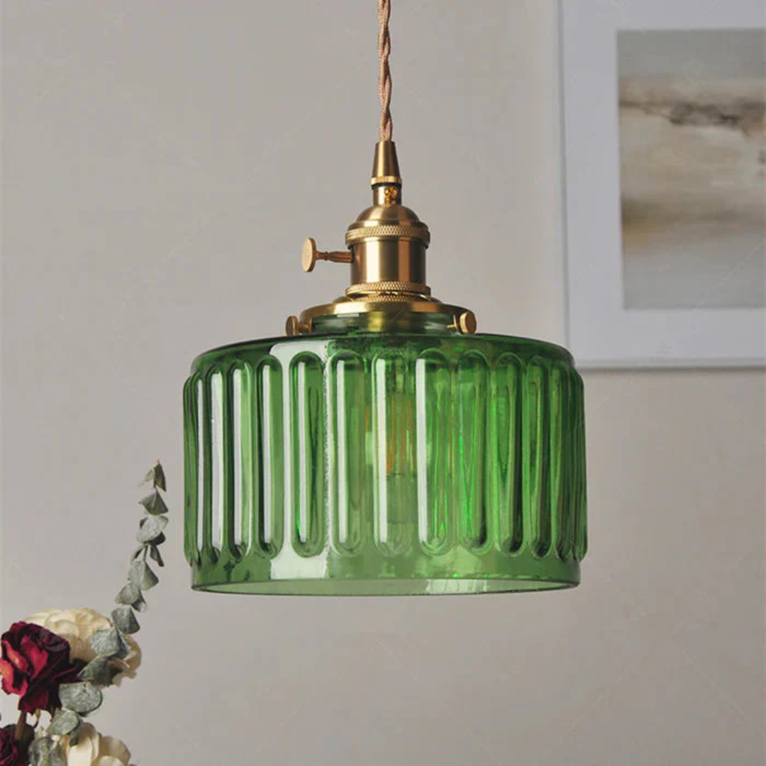 Elegant Hanging Lamp | Ribbed Green Glass Pendant Light with Brass Fixture | Adjustable Height for Cozy Ambiance 0