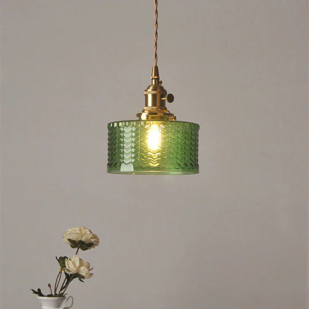 Elegant Hanging Lamp | Ribbed Green Glass Pendant Light with Brass Fixture | Adjustable Height for Cozy Ambiance 13