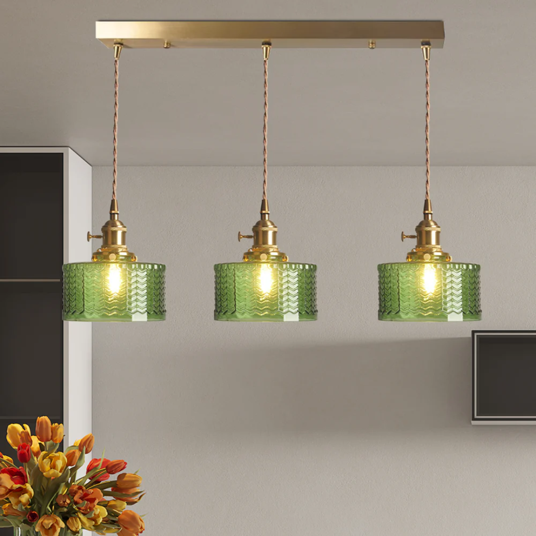 Elegant Hanging Lamp | Ribbed Green Glass Pendant Light with Brass Fixture | Adjustable Height for Cozy Ambiance 14
