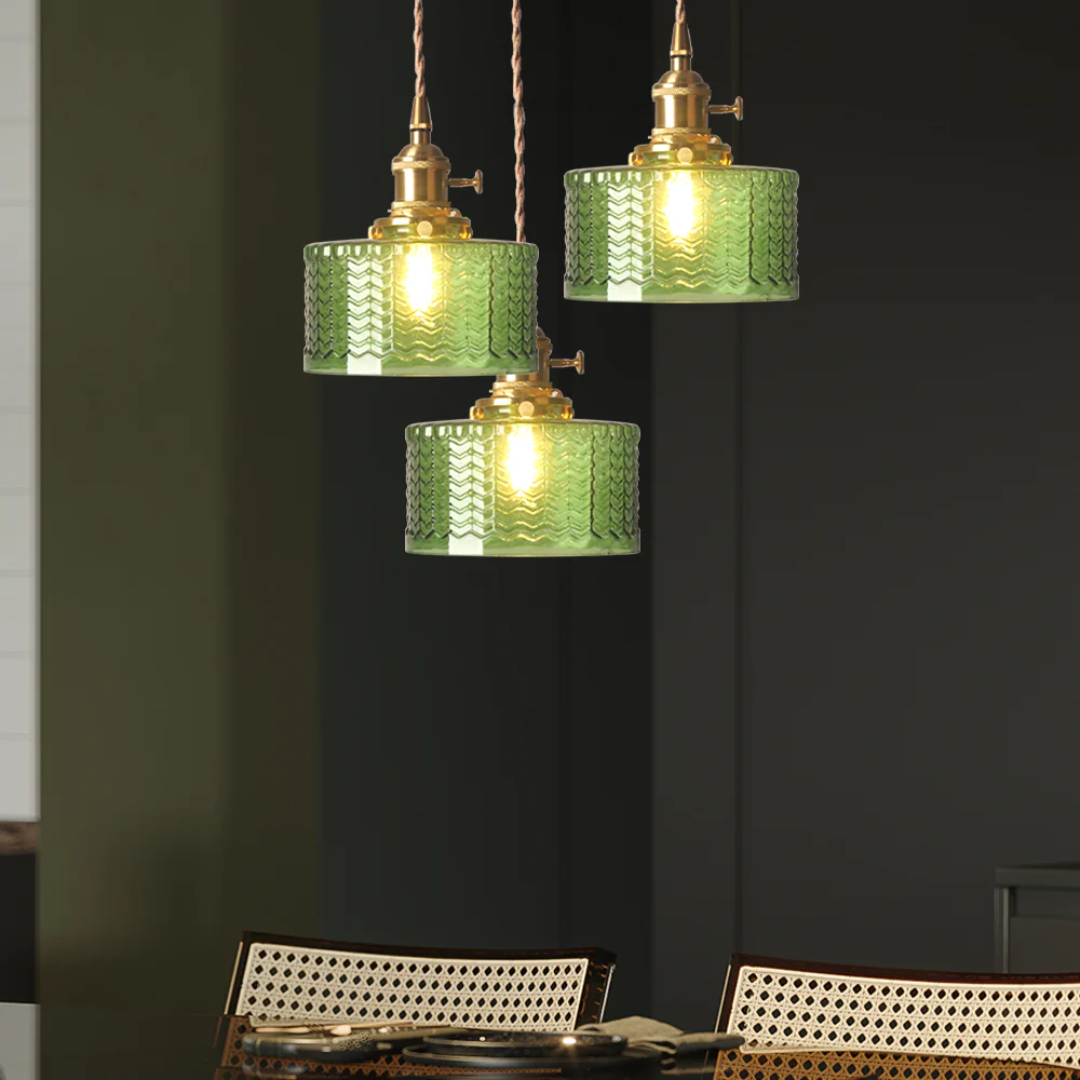 Elegant Hanging Lamp | Ribbed Green Glass Pendant Light with Brass Fixture | Adjustable Height for Cozy Ambiance 15