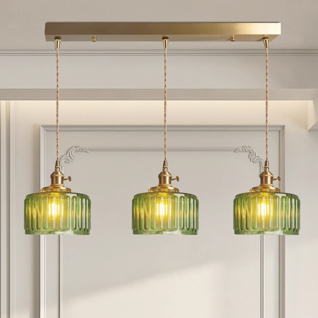 Elegant Hanging Lamp | Ribbed Green Glass Pendant Light with Brass Fixture | Adjustable Height for Cozy Ambiance 16