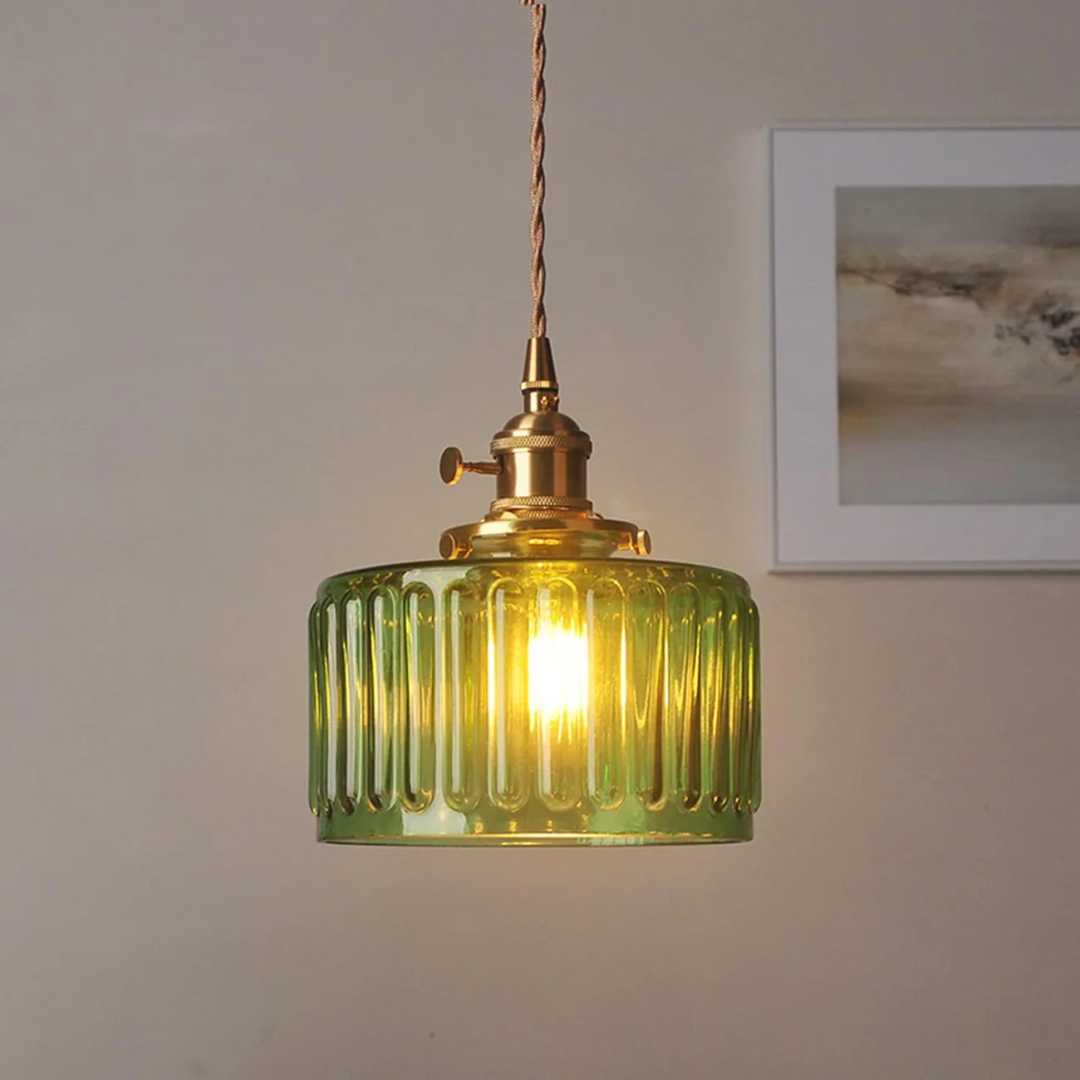Elegant Hanging Lamp | Ribbed Green Glass Pendant Light with Brass Fixture | Adjustable Height for Cozy Ambiance 2