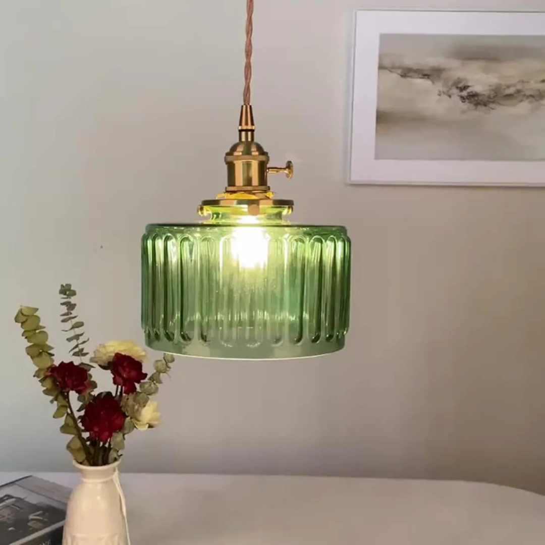 Elegant Hanging Lamp | Ribbed Green Glass Pendant Light with Brass Fixture | Adjustable Height for Cozy Ambiance 3