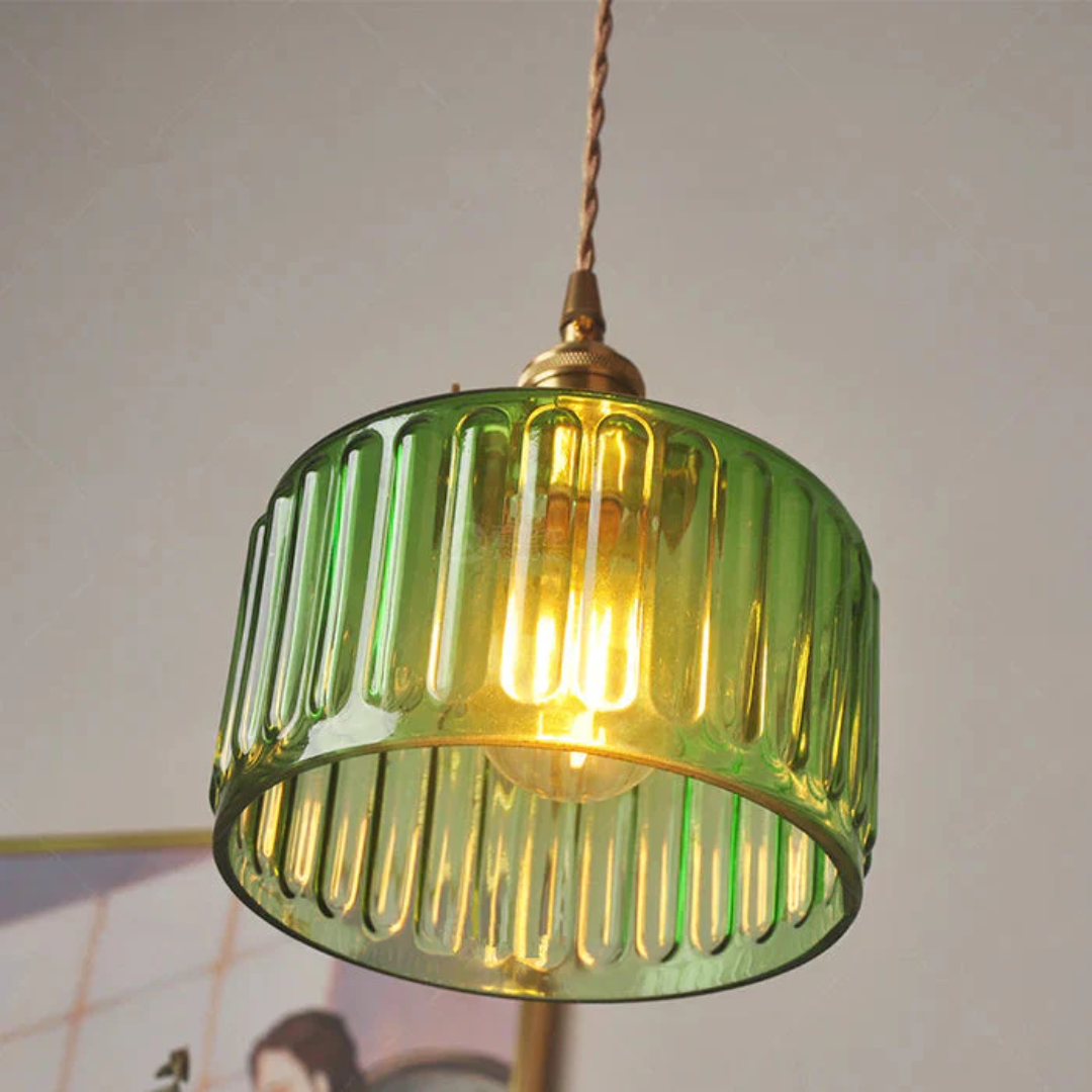 Elegant Hanging Lamp | Ribbed Green Glass Pendant Light with Brass Fixture | Adjustable Height for Cozy Ambiance 4