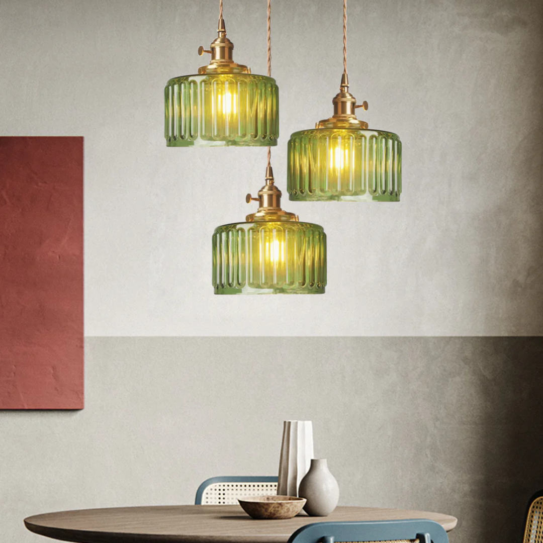 Elegant Hanging Lamp | Ribbed Green Glass Pendant Light with Brass Fixture | Adjustable Height for Cozy Ambiance 6