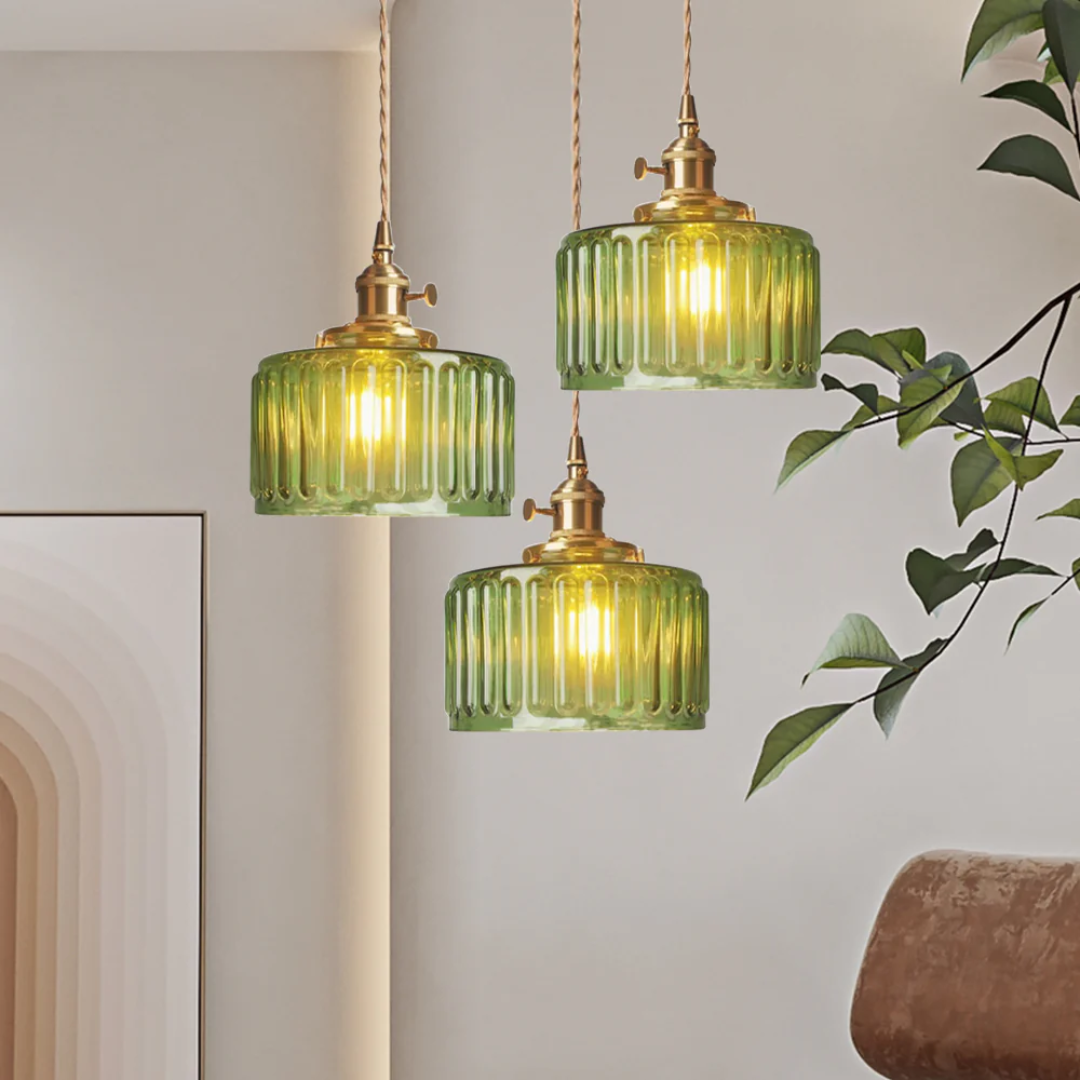Elegant Hanging Lamp | Ribbed Green Glass Pendant Light with Brass Fixture | Adjustable Height for Cozy Ambiance 7