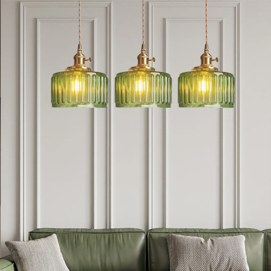 Elegant Hanging Lamp | Ribbed Green Glass Pendant Light with Brass Fixture | Adjustable Height for Cozy Ambiance 8