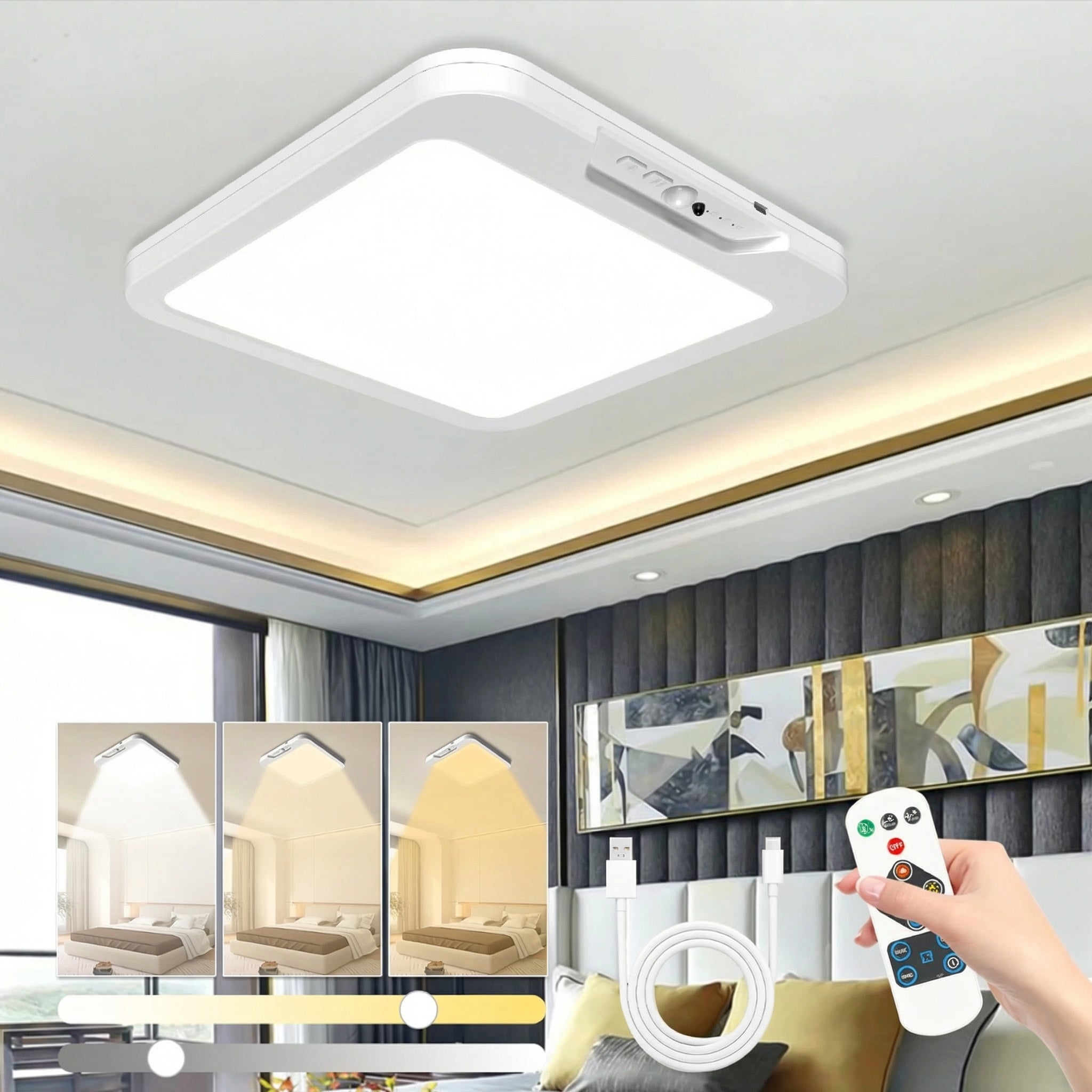 Freyza - Wireless Motion Sensor Ceiling Light – Battery Operated LED Night Light with 3 Color Modes & Dimmable Brightness (Indoor Safety Lighting)