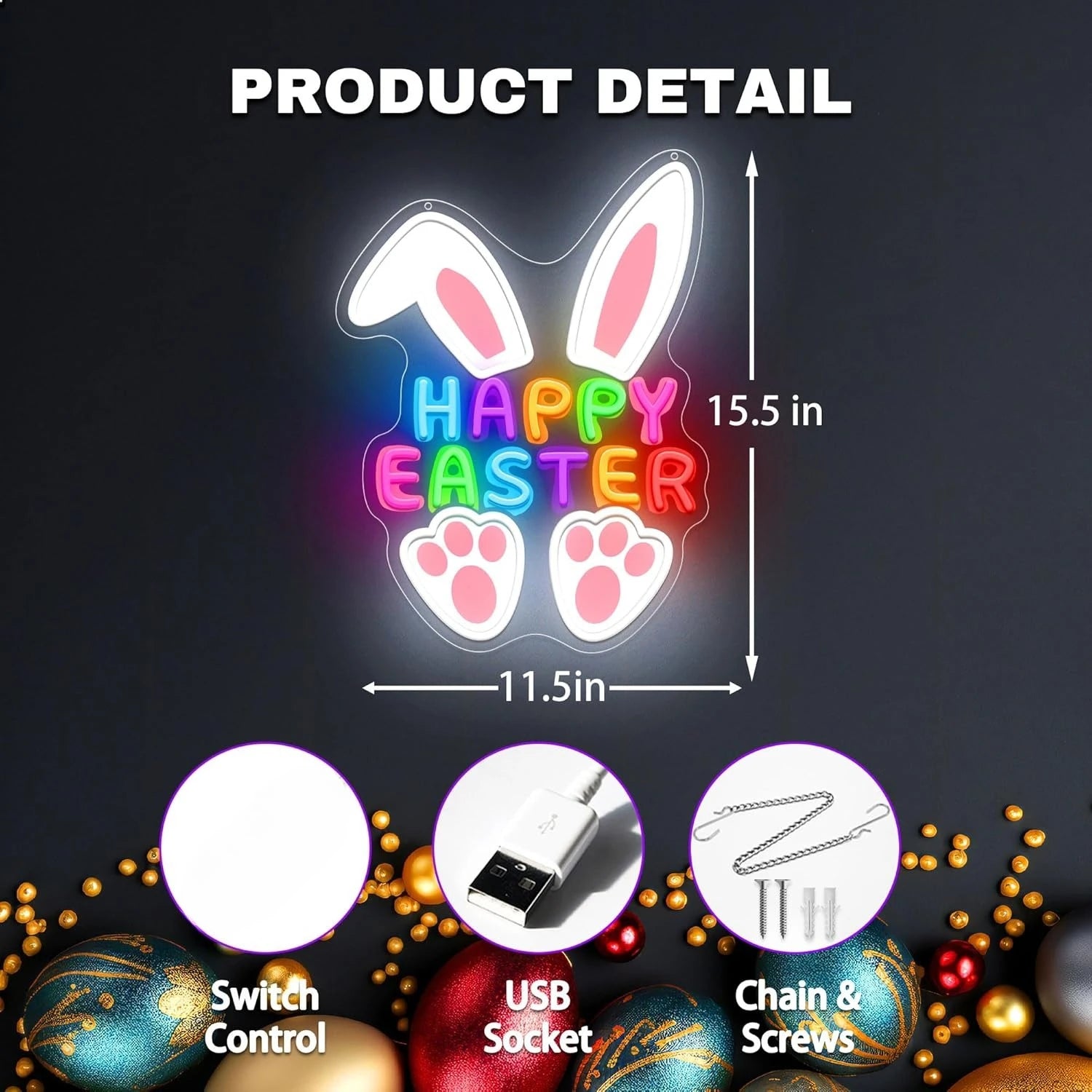 Festive Glow | Neon LED Sign for Easter with USB Connection | Vibrant Decoration for Parties and Events 4