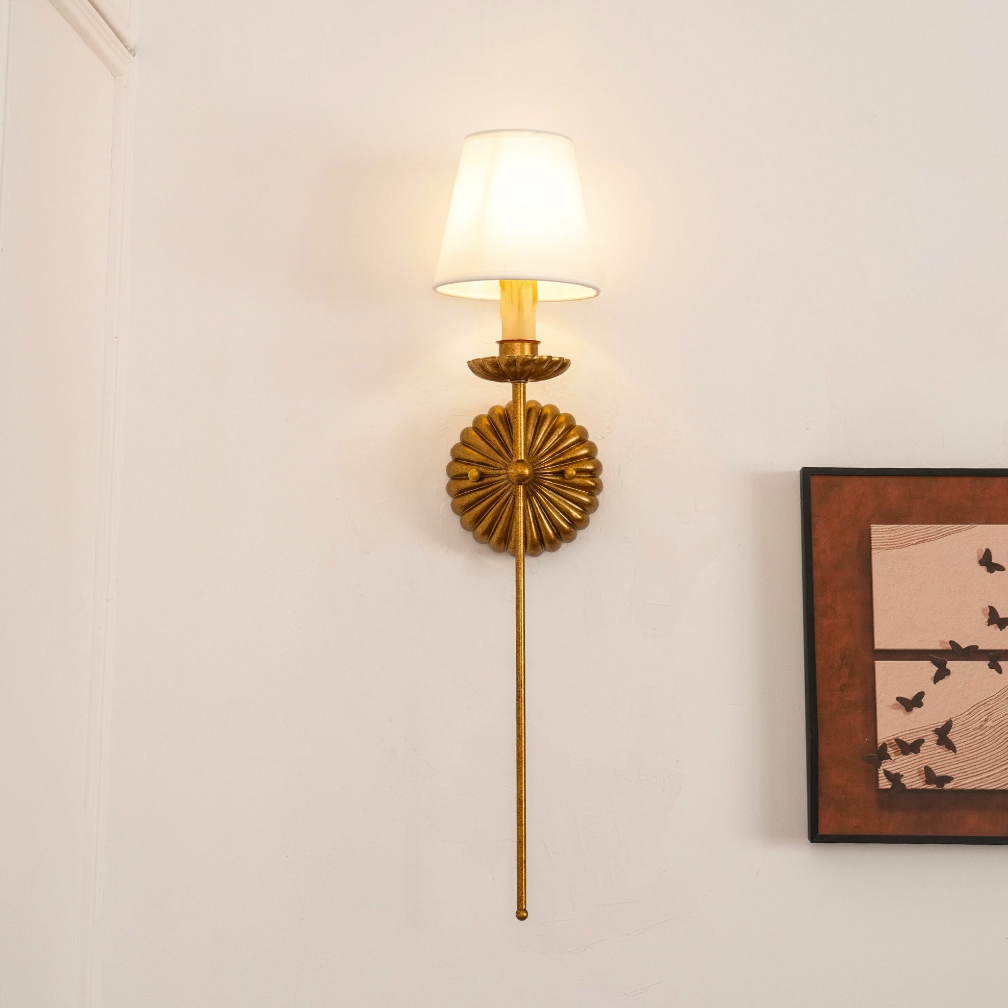 Freyza | Axiom Vintage Industrial Gold Fabric Wall Light – Industrial Bedroom Hallway