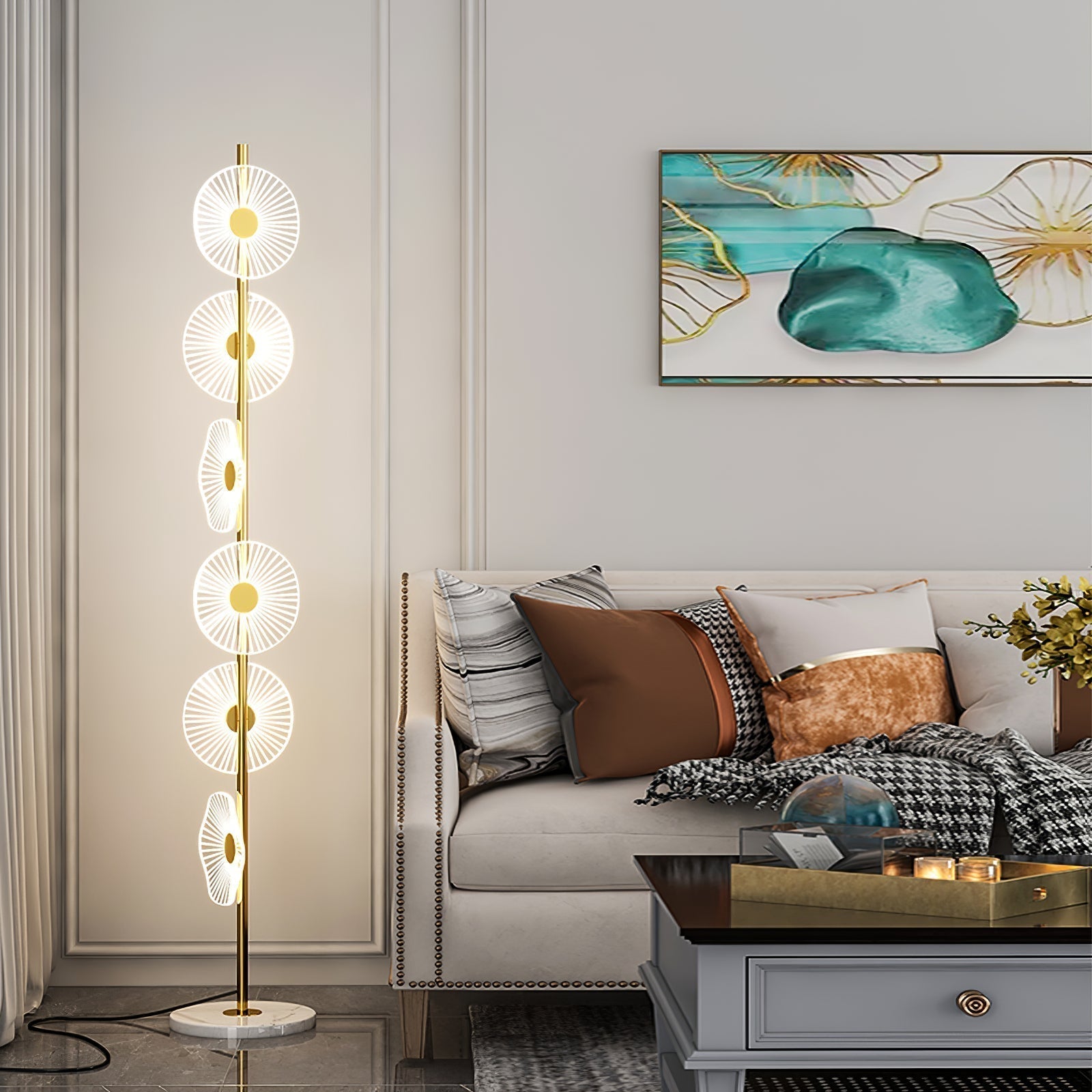 Freyza | Lampe sur pied blanc doré – Salon et chambre modernes
