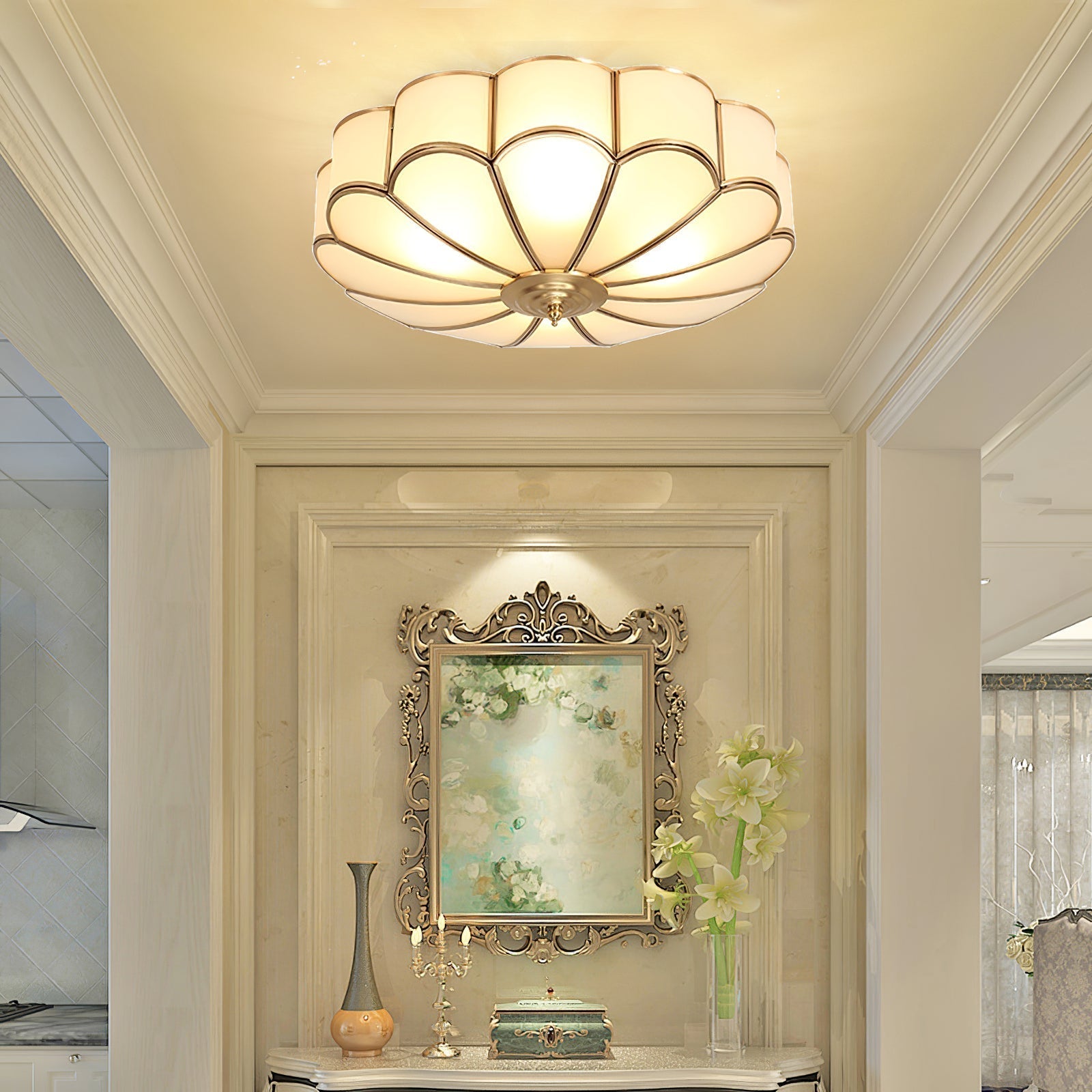 Freyza | Lampe de plafond en laiton et verre en forme de fleur viraéenne – Chambre à coucher, salon
