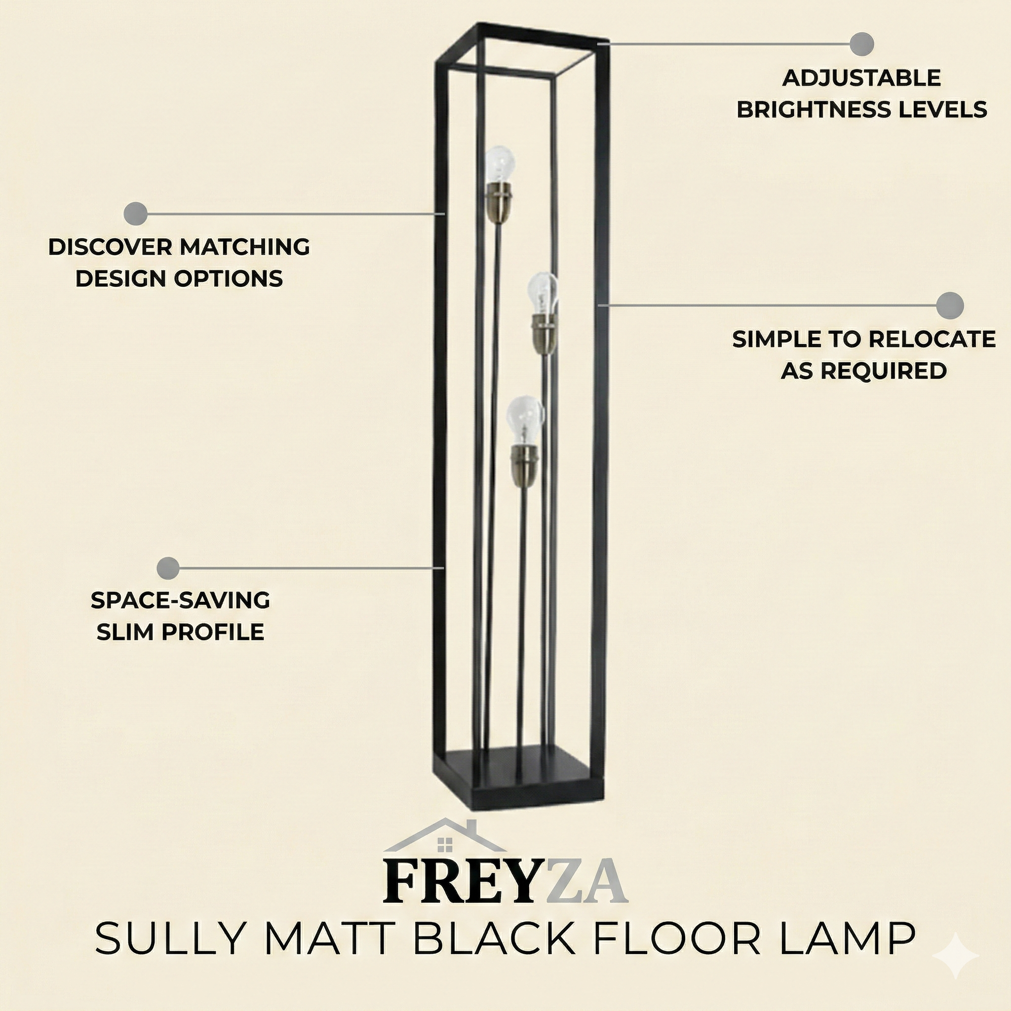 Freyza - Matt Black Floor Lamp | Modern Industrial Adjustable Standing Light | Minimalist Metal Lamp for Living Room & Home Office