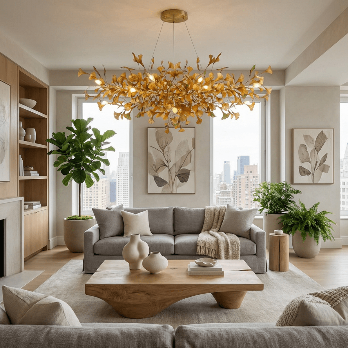 Freyza - GinkgoGlow | Elegant Modern Copper Glass Chandelier Light Fixture