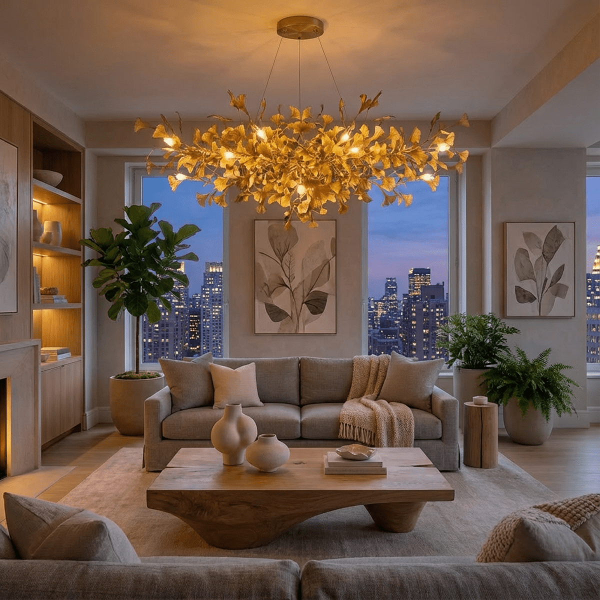 Freyza - GinkgoGlow | Elegant Modern Copper Glass Chandelier Light Fixture