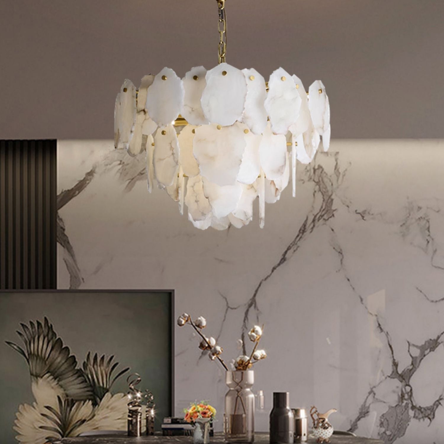 Freyza | Lustre Gloire en laiton et albâtre – Salle à manger, salon
