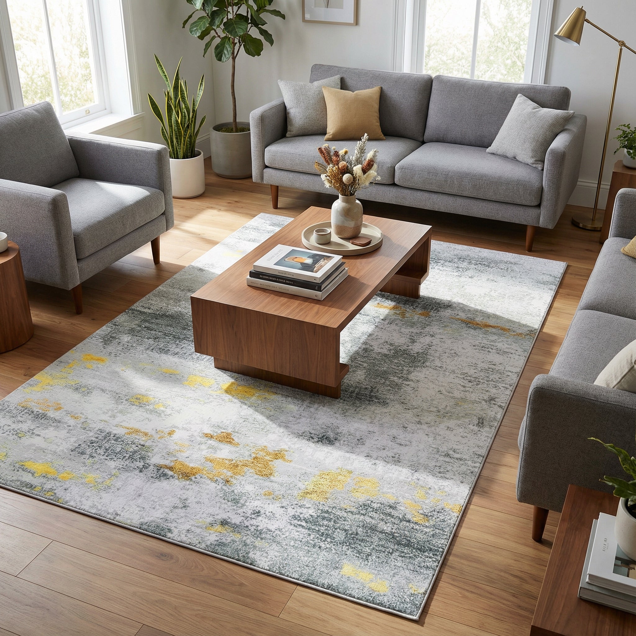 Freyza - Modern Abstract Area Rug – Soft Flannel Grey & Gold Carpet (Non-Slip & Washable)