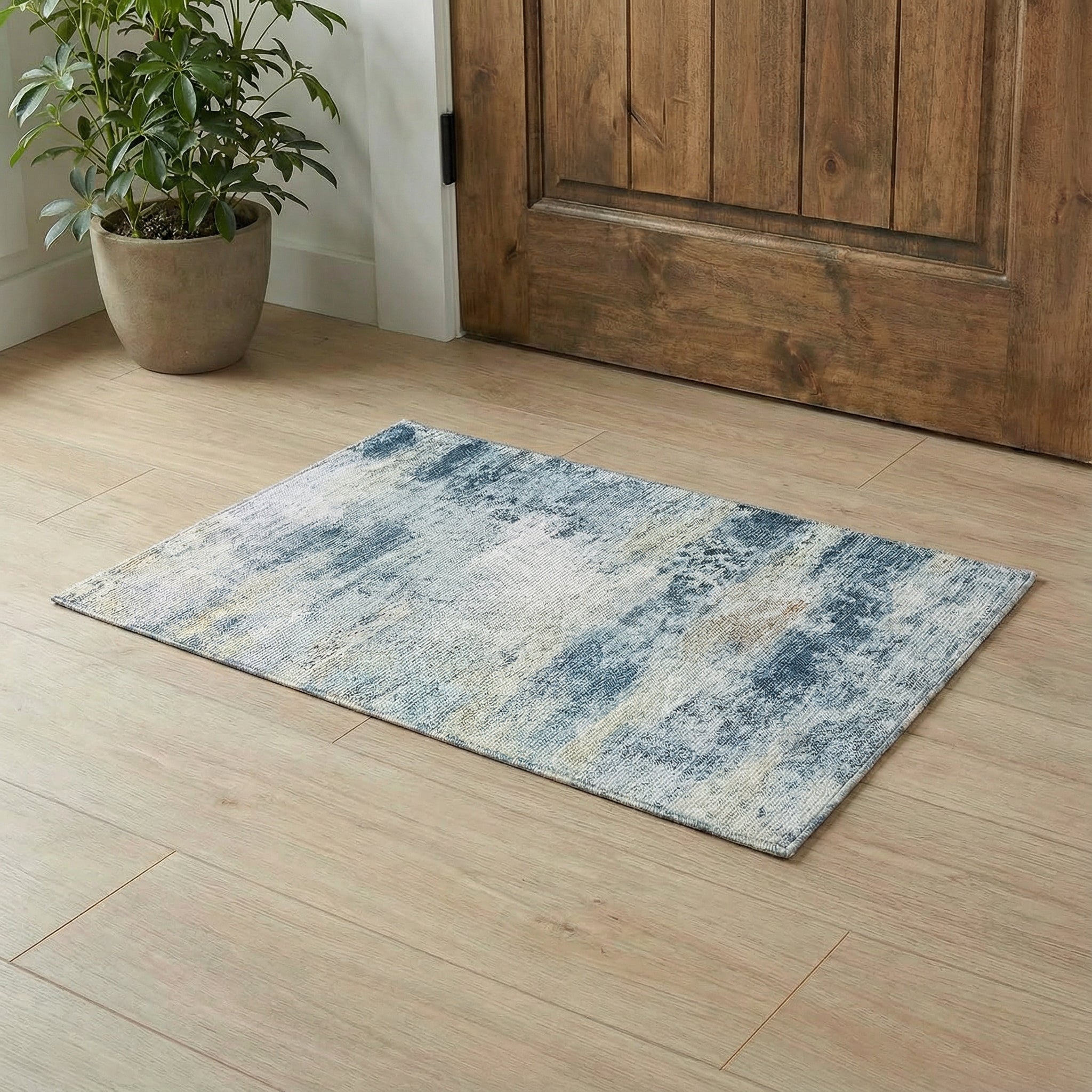 Freyza – Moderner abstrakter Teppich – weicher Flanell in Grau und Blau, Used-Look-Teppich (rutschfest und waschbar)