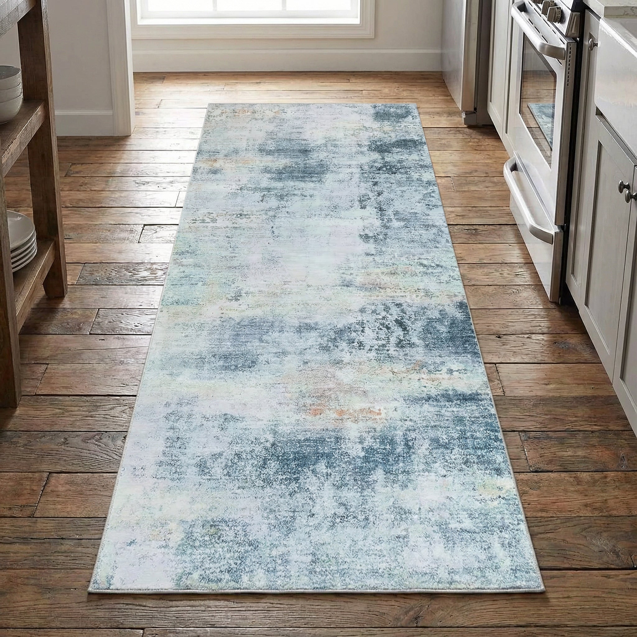 Freyza – Moderner abstrakter Teppich – weicher Flanell in Grau und Blau, Used-Look-Teppich (rutschfest und waschbar)