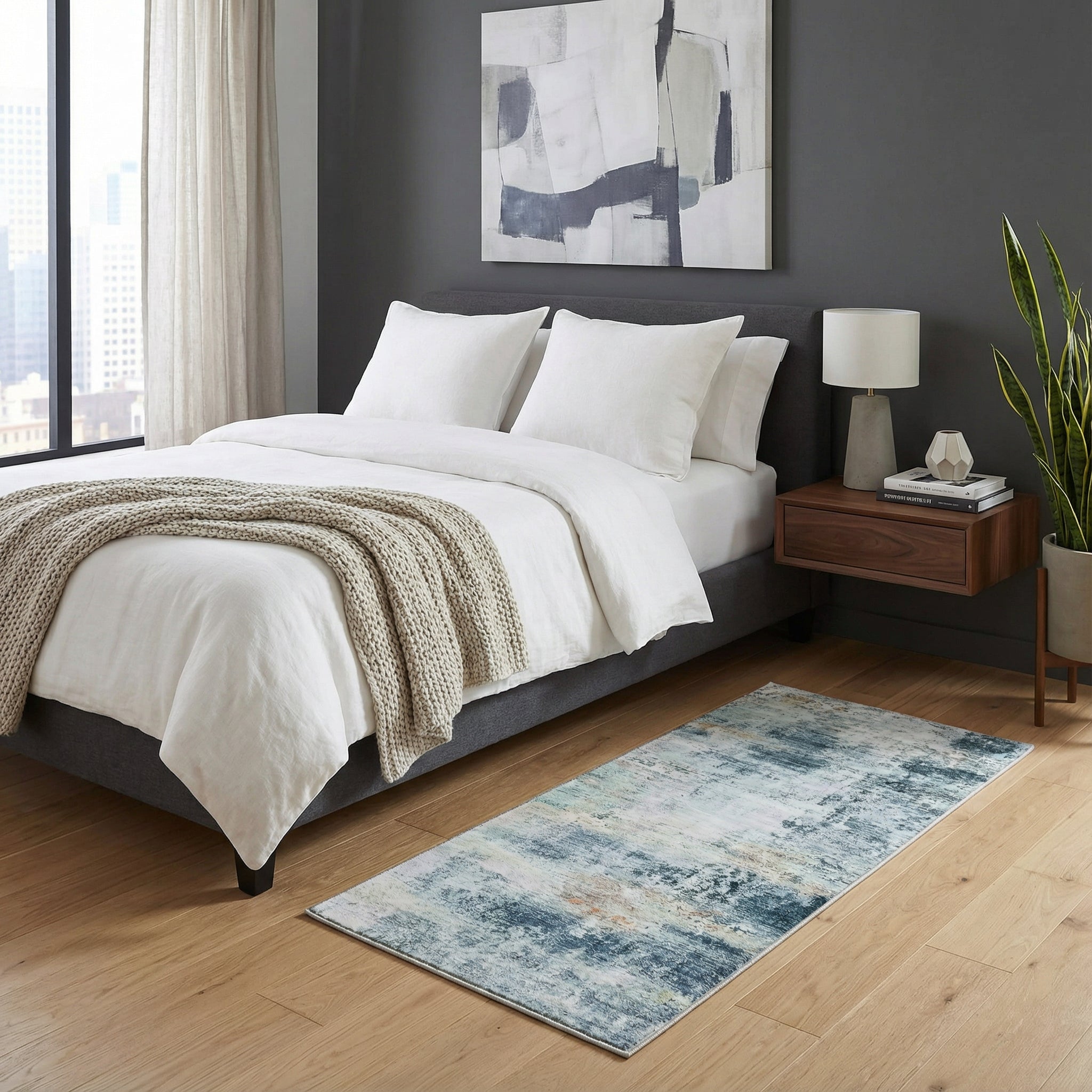 Freyza – Moderner abstrakter Teppich – weicher Flanell in Grau und Blau, Used-Look-Teppich (rutschfest und waschbar)