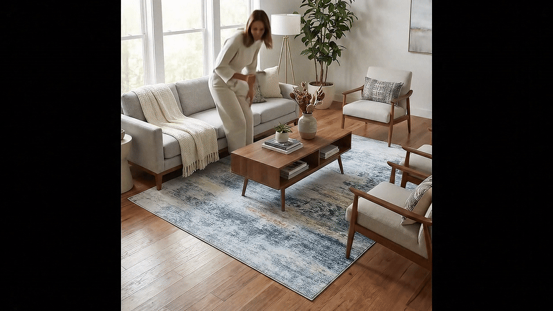 Freyza – Moderner abstrakter Teppich – weicher Flanell in Grau und Blau, Used-Look-Teppich (rutschfest und waschbar)
