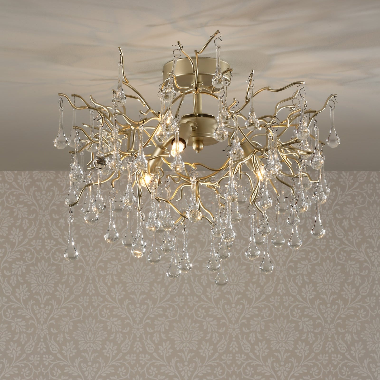 Freyza - Laura Ashley Willow 3 Light Semi Flush Satin Champagne with Crystal Raindrops
