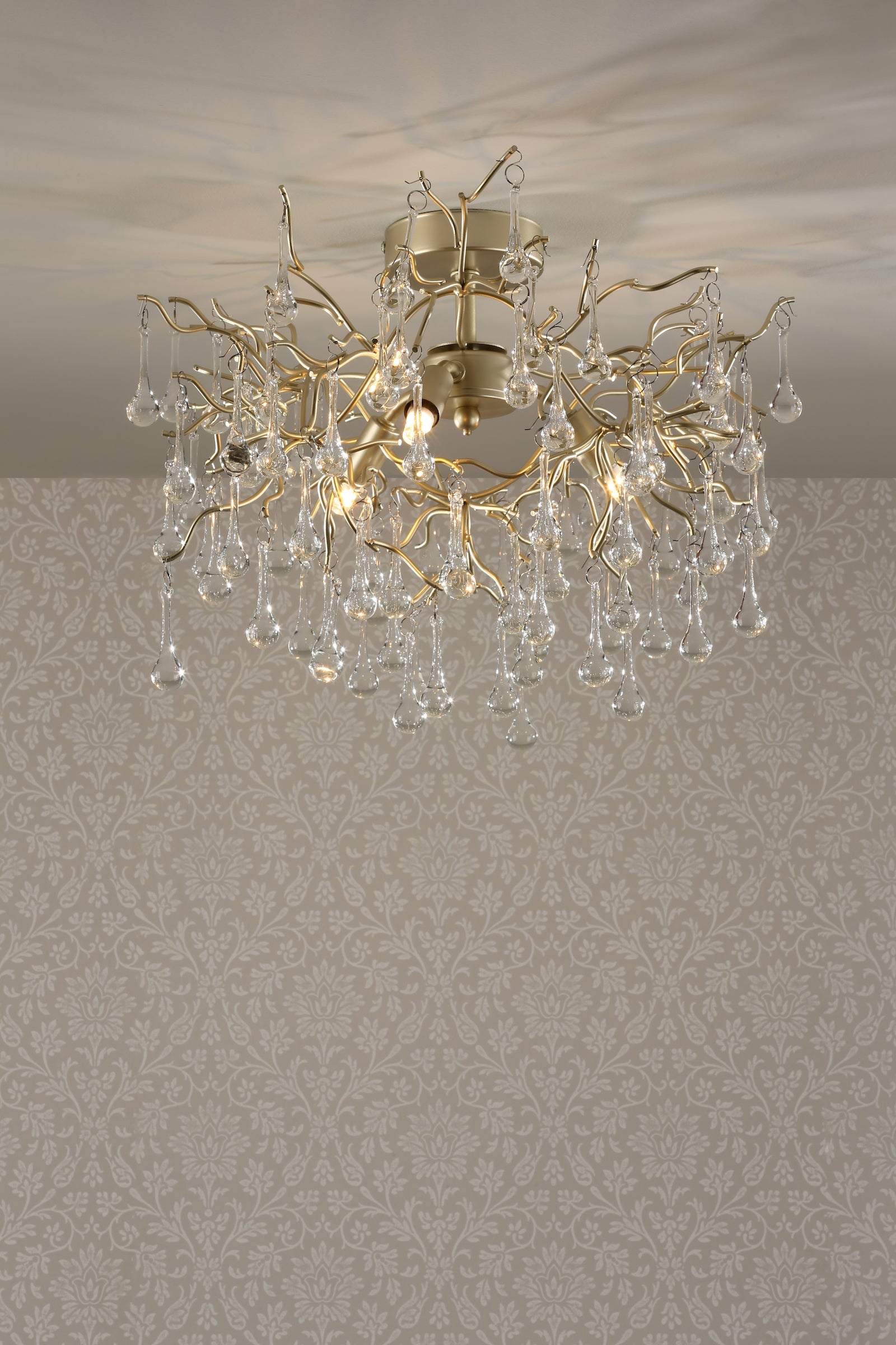 Freyza - Laura Ashley Willow 3 Light Semi Flush Satin Champagne with Crystal Raindrops
