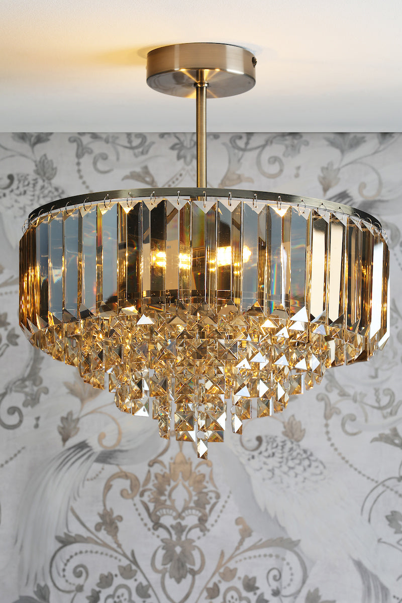 Freyza - Laura Ashley Vienna 3 Light Semi-Flush Ceiling Light Champagne Crystal and Antique Brass