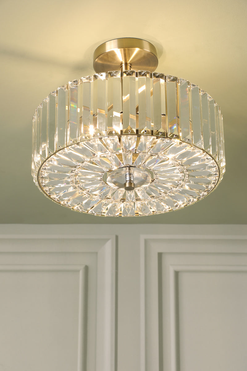 Freyza - Plafonnier semi-affleurant Laura Ashley Fernhurst à 3 lumières, en cristal et laiton antique