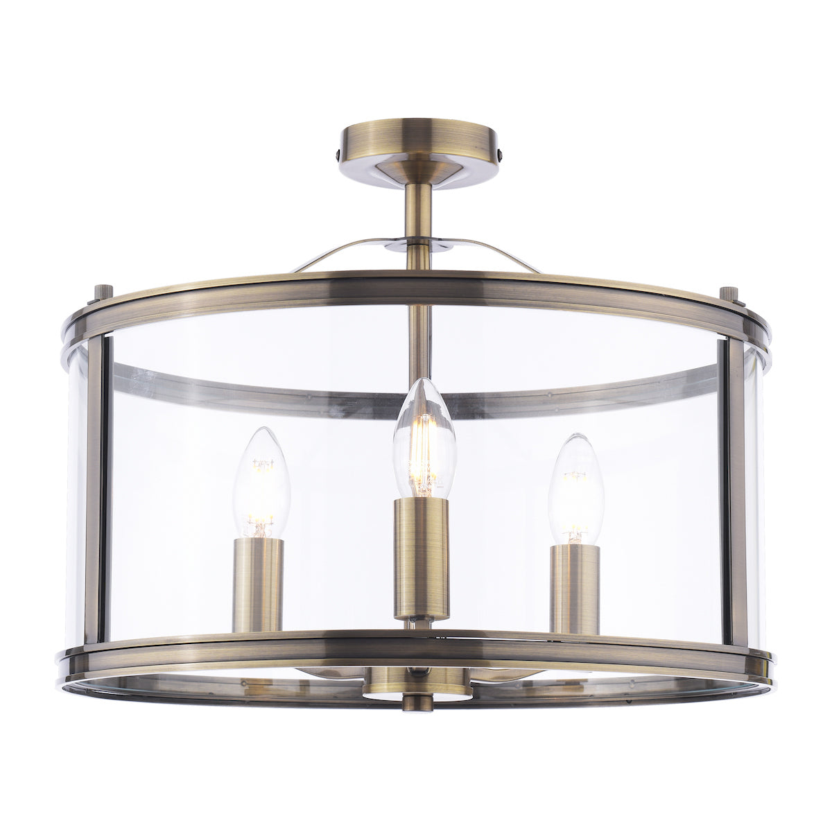 Freyza - Harrington 3 Light Semi-Flush Ceiling Light Antique Brass Glass