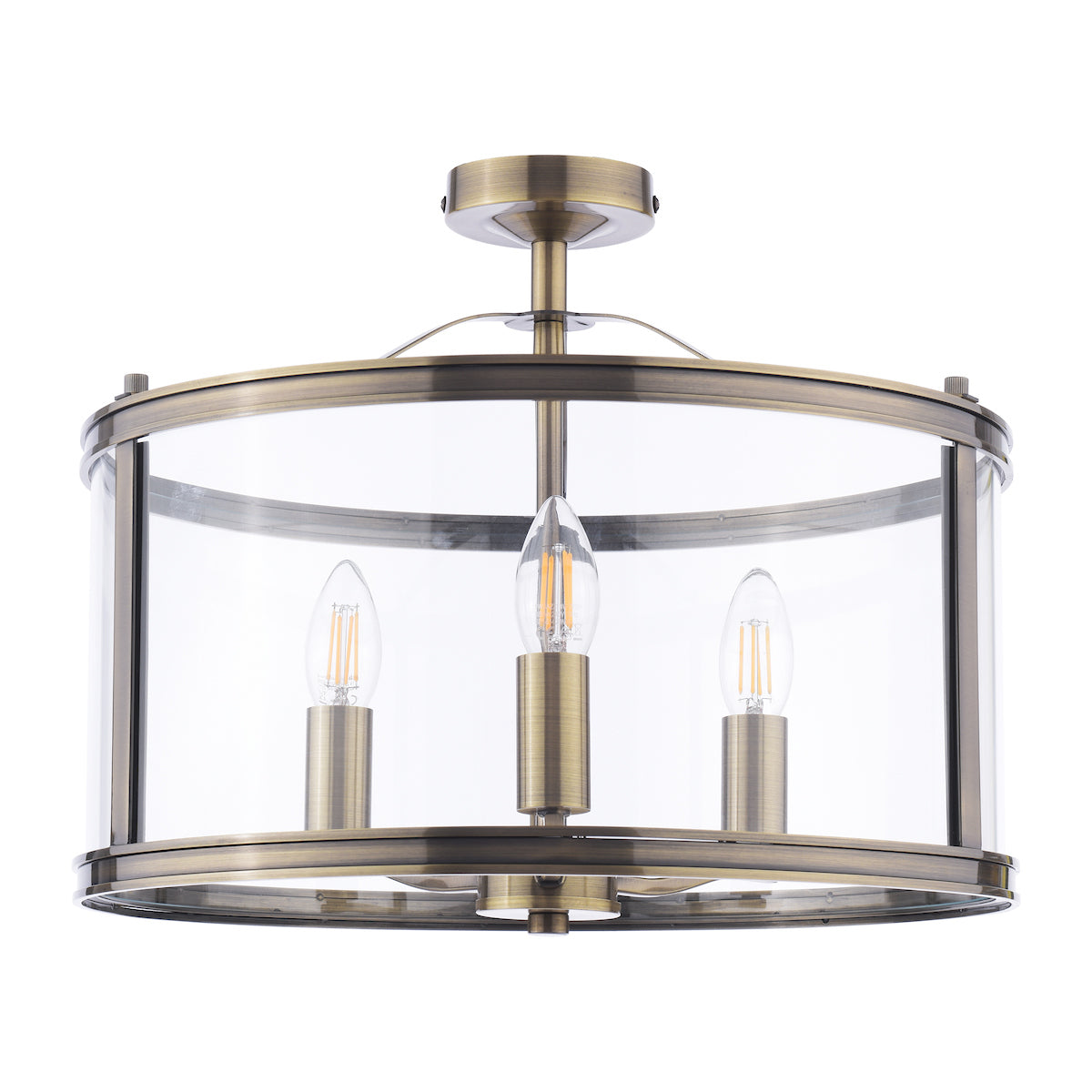 Freyza - Harrington 3 Light Semi-Flush Ceiling Light Antique Brass Glass
