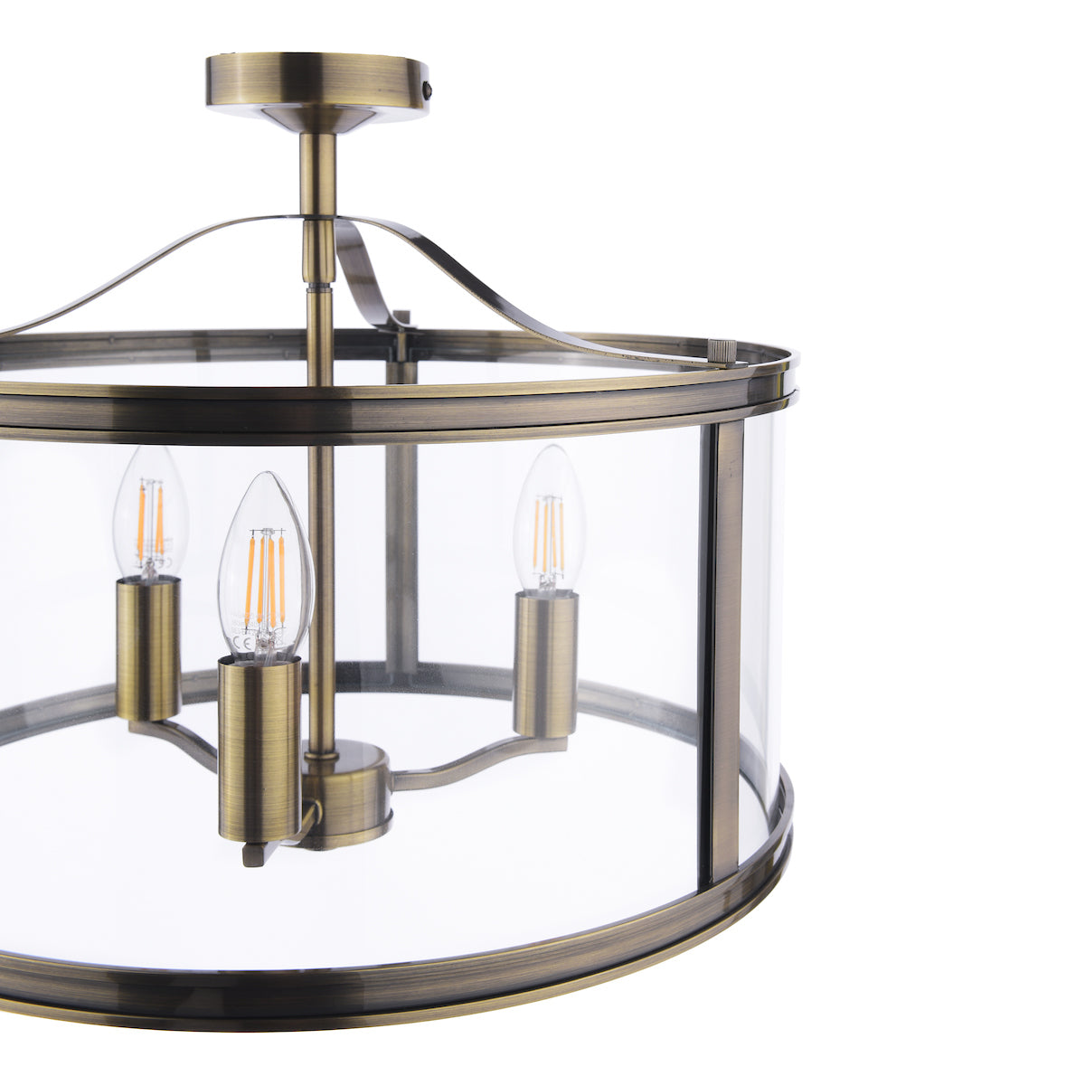 Freyza - Harrington 3 Light Semi-Flush Ceiling Light Antique Brass Glass