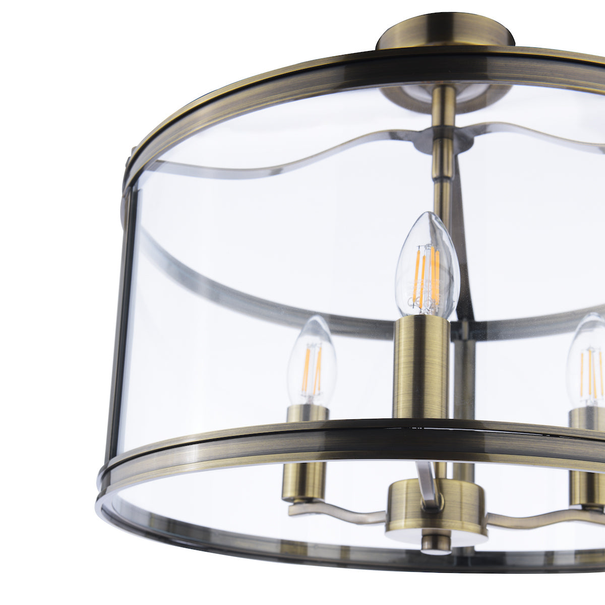 Freyza - Harrington 3 Light Semi-Flush Ceiling Light Antique Brass Glass