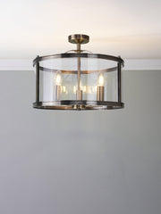 Freyza - Harrington 3 Light Semi-Flush Ceiling Light Antique Brass Glass