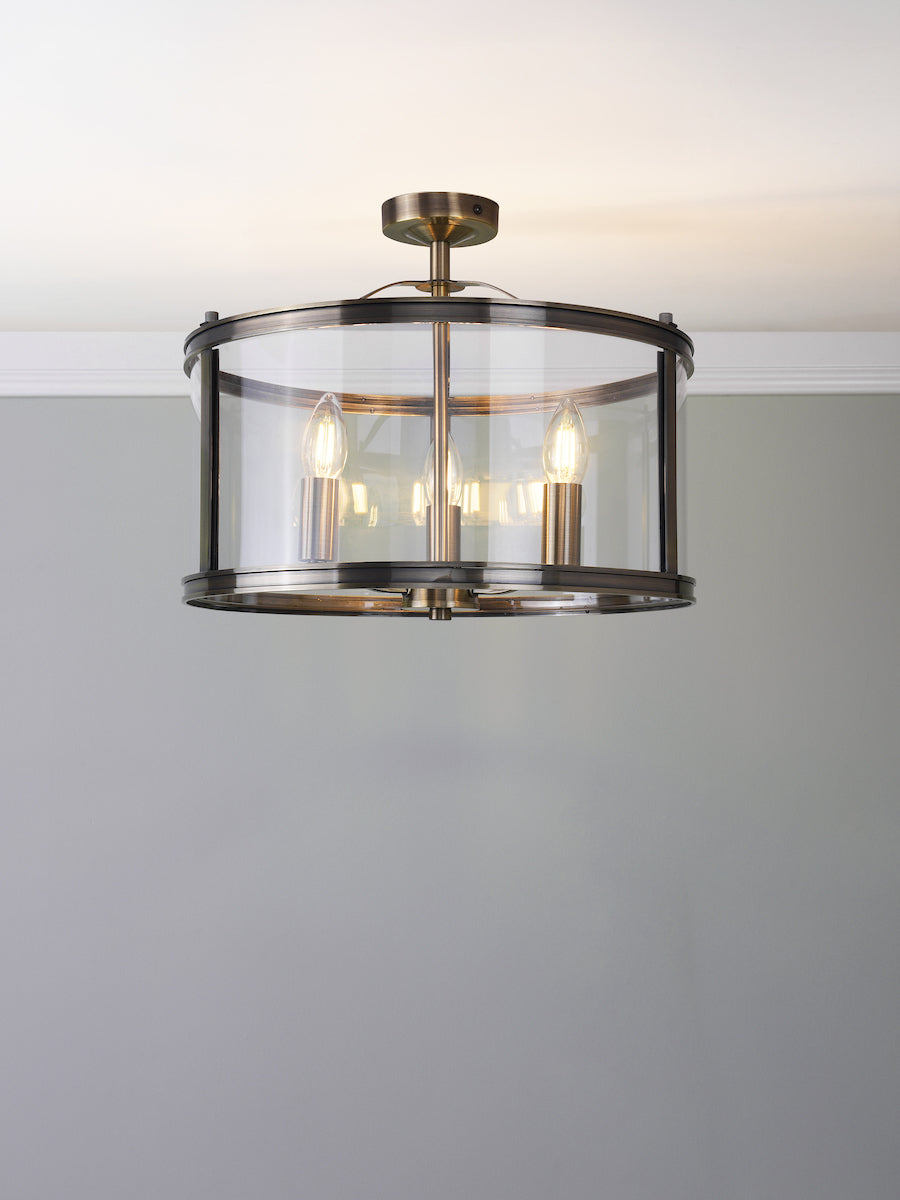Freyza - Harrington 3 Light Semi-Flush Ceiling Light Antique Brass Glass