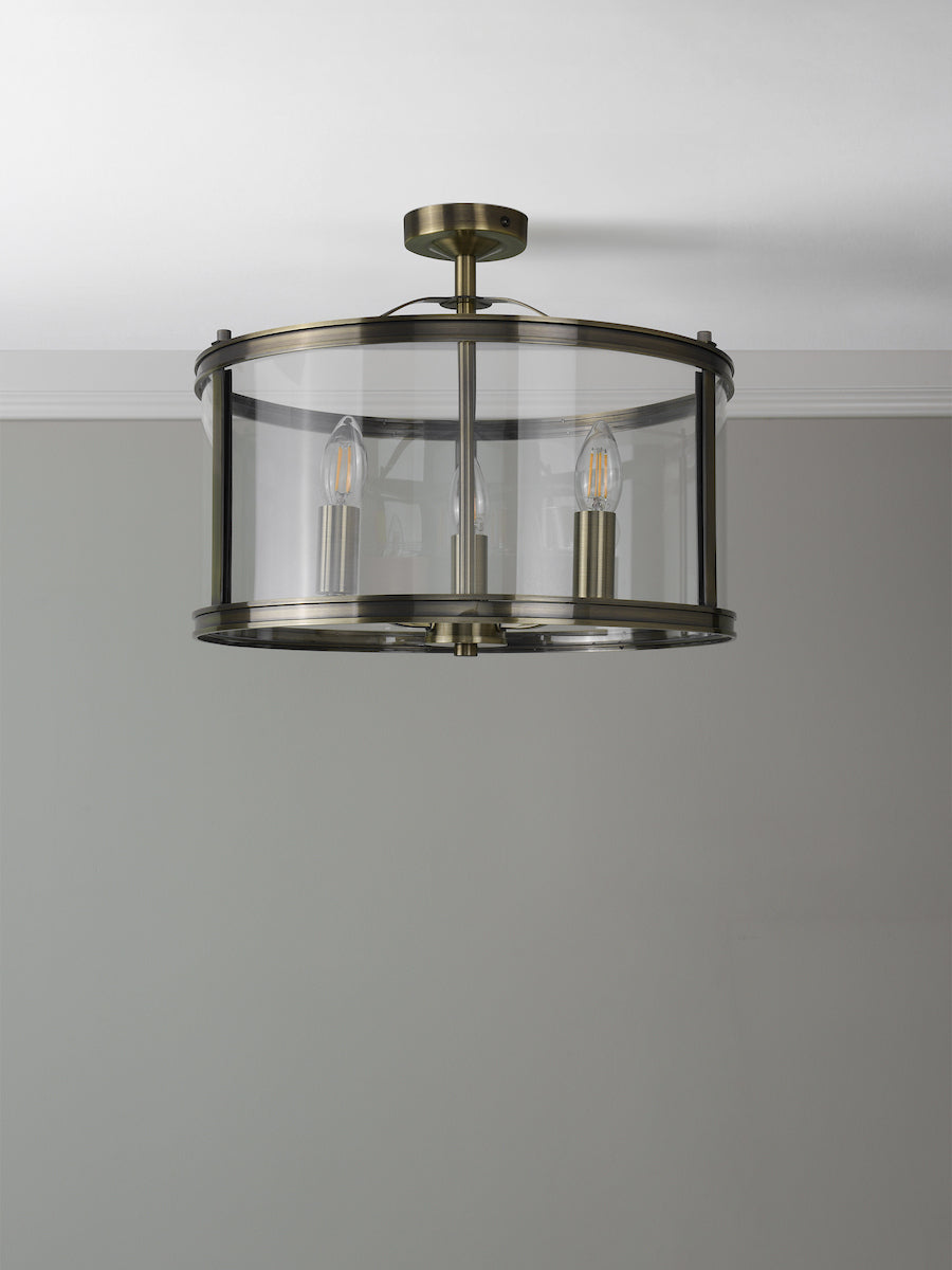 Freyza - Harrington 3 Light Semi-Flush Ceiling Light Antique Brass Glass