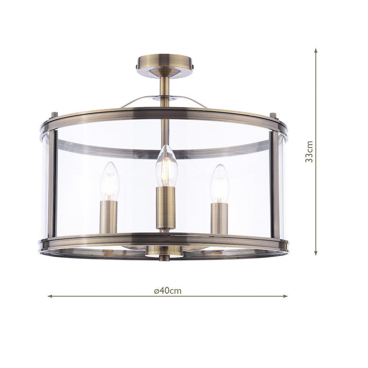 Freyza - Harrington 3 Light Semi-Flush Ceiling Light Antique Brass Glass