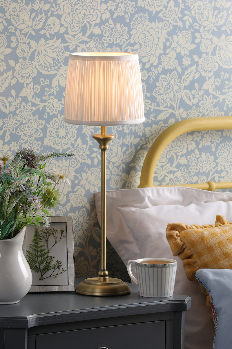 HemsleyLamp | Elegant Antique Brass Table Lamp with Ivory Silk Shade 1